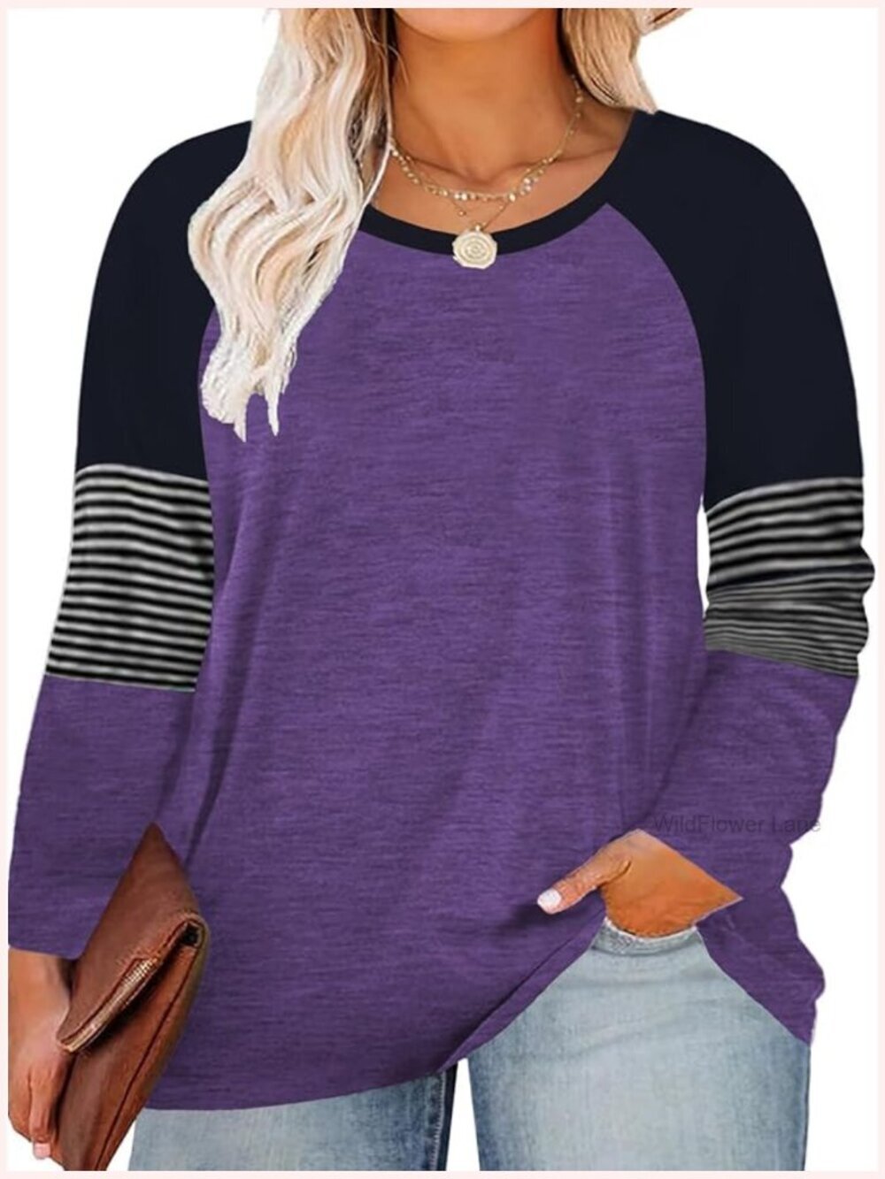 Plus Size Color Block Raglan Tunic T-Shirt Long Sleeve